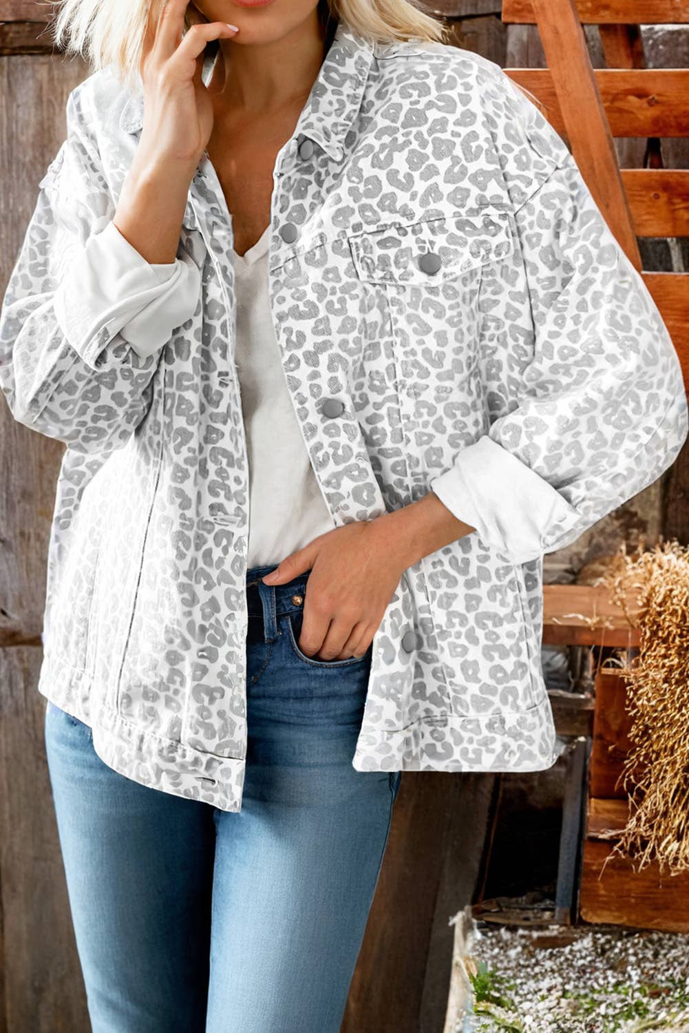 Fashion Fall Western Leopard Flap Pocket Denim Jacket